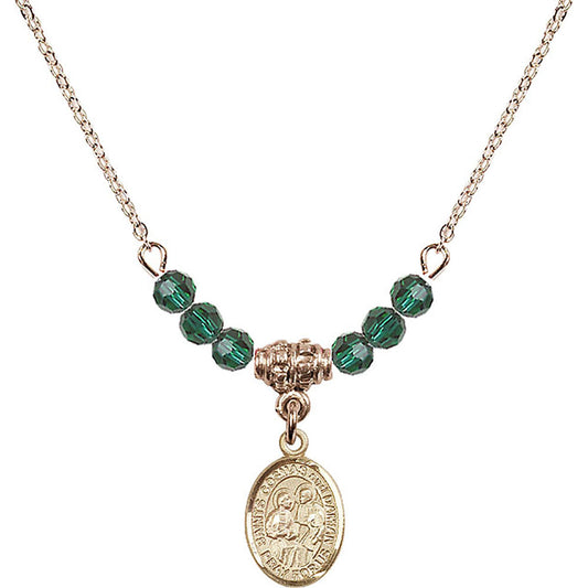 14kt Gold Filled Saints Cosmas & Damian Birthstone Necklace with Emerald Beads - 9132