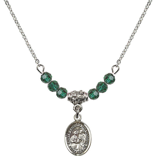 Sterling Silver Saints Cosmas & Damian Birthstone Necklace with Emerald Beads - 9132