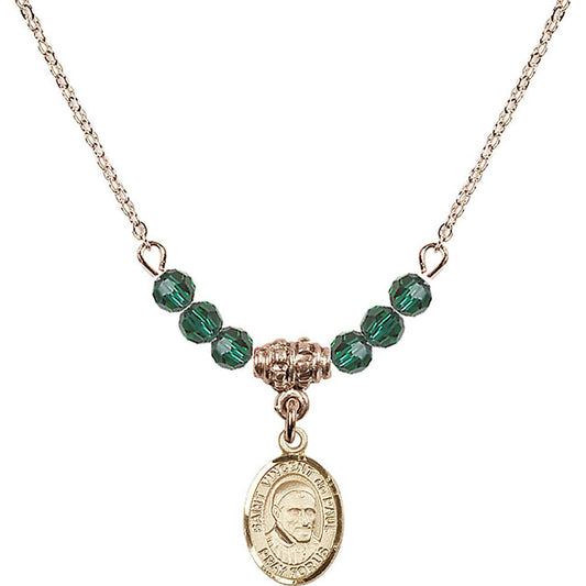 14kt Gold Filled Saint Vincent De Paul Birthstone Necklace with Emerald Beads - 9134