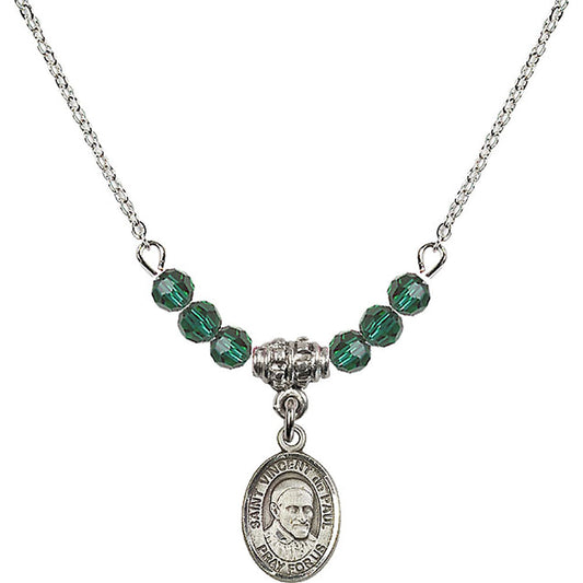 Sterling Silver Saint Vincent De Paul Birthstone Necklace with Emerald Beads - 9134
