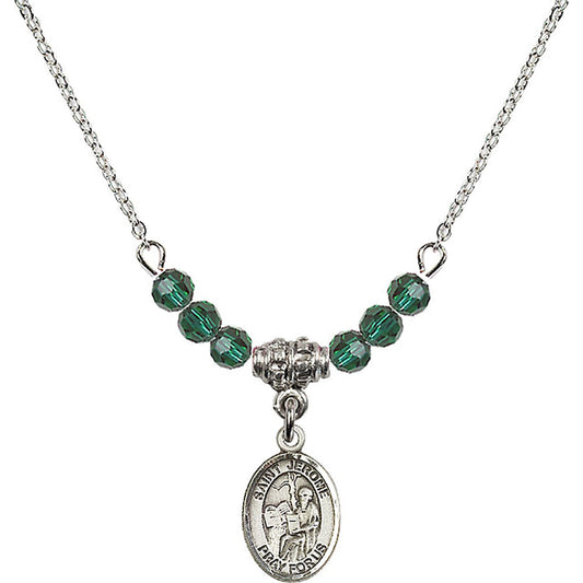 Sterling Silver Saint Jerome Birthstone Necklace with Emerald Beads - 9135