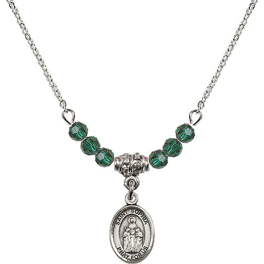 Sterling Silver Saint Sophia Birthstone Necklace with Emerald Beads - 9136