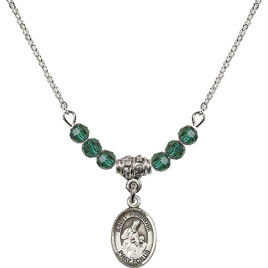 Sterling Silver Saint Ambrose Birthstone Necklace with Emerald Beads - 9137