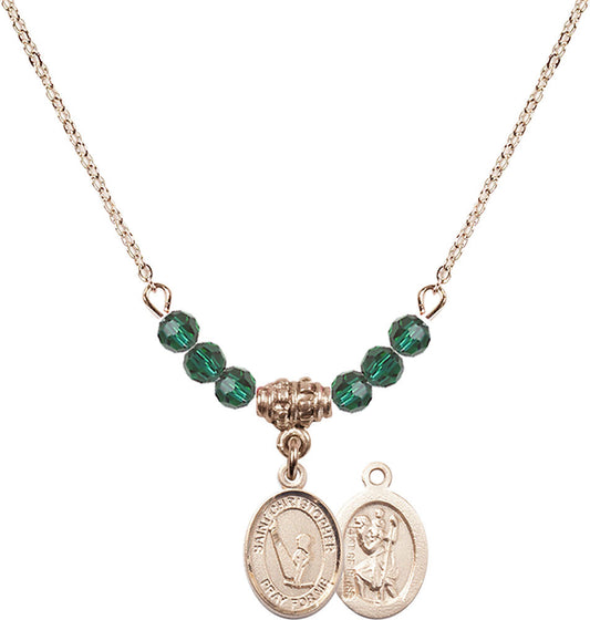 14kt Gold Filled Saint Christopher/Gymnastics Birthstone Necklace with Emerald Beads - 9142