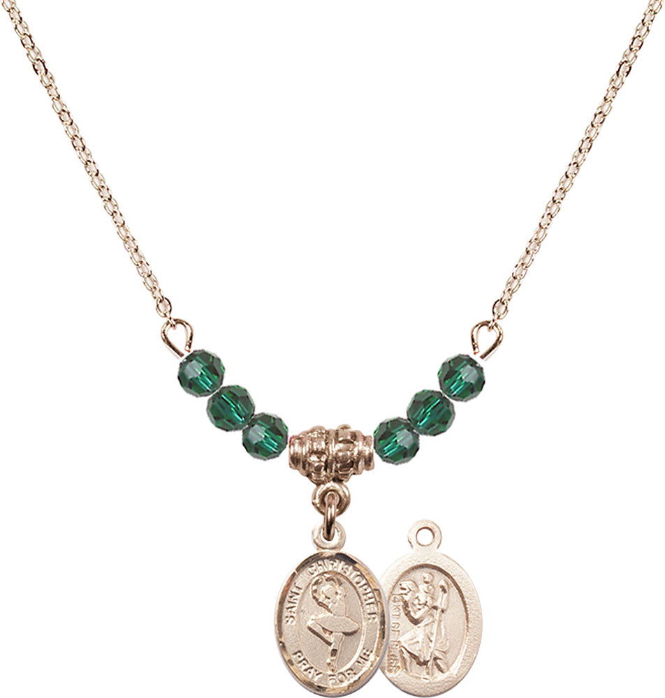14kt Gold Filled Saint Christopher/Dance Birthstone Necklace with Emerald Beads - 9143