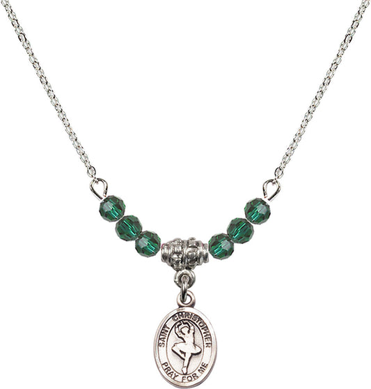 Sterling Silver Saint Christopher/Dance Birthstone Necklace with Emerald Beads - 9143