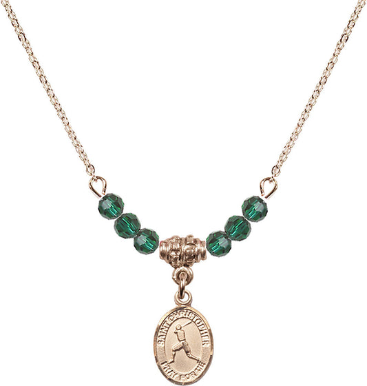 14kt Gold Filled Saint Christopher/Baseball Birthstone Necklace with Emerald Beads - 9150