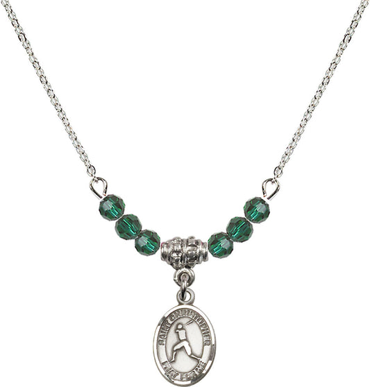 Sterling Silver Saint Christopher/Baseball Birthstone Necklace with Emerald Beads - 9150