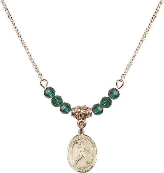14kt Gold Filled Saint Christopher/Football Birthstone Necklace with Emerald Beads - 9151