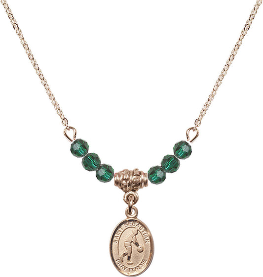 14kt Gold Filled Saint Sebastian/Basketball Birthstone Necklace with Emerald Beads - 9163