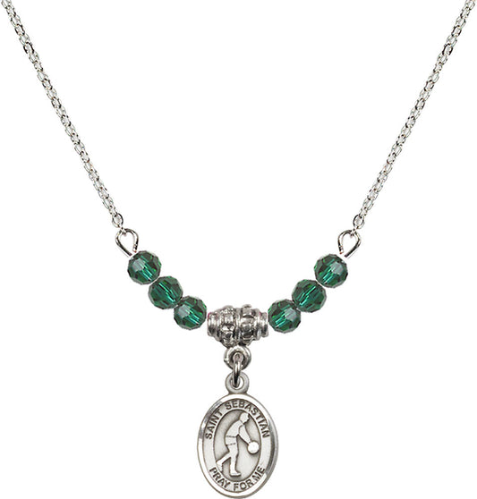 Sterling Silver Saint Sebastian/Basketball Birthstone Necklace with Emerald Beads - 9163