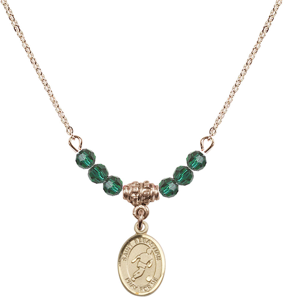 14kt Gold Filled Saint Sebastian/Soccer Birthstone Necklace with Emerald Beads - 9164