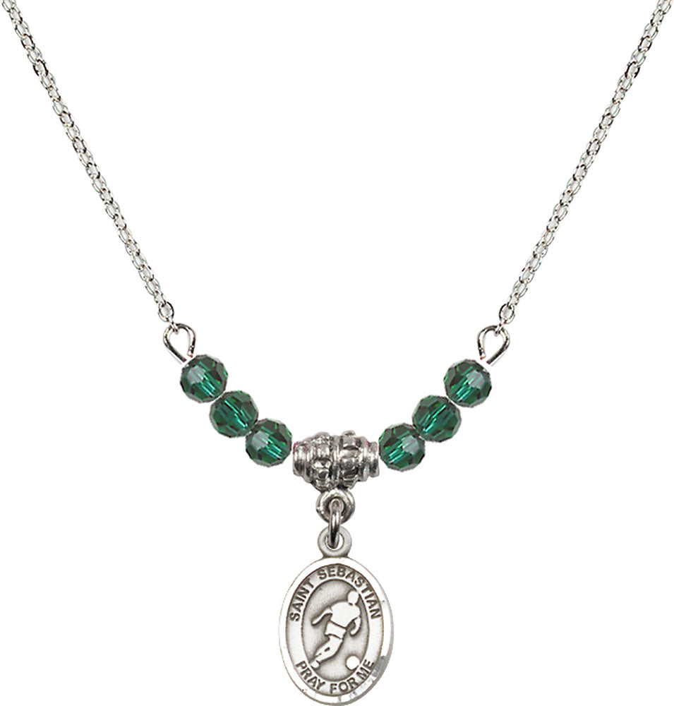 Sterling Silver Saint Sebastian/Soccer Birthstone Necklace with Emerald Beads - 9164