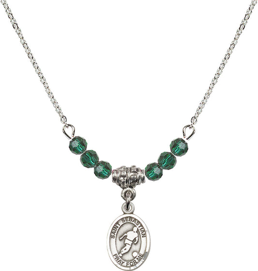 Sterling Silver Saint Sebastian/Soccer Birthstone Necklace with Emerald Beads - 9164