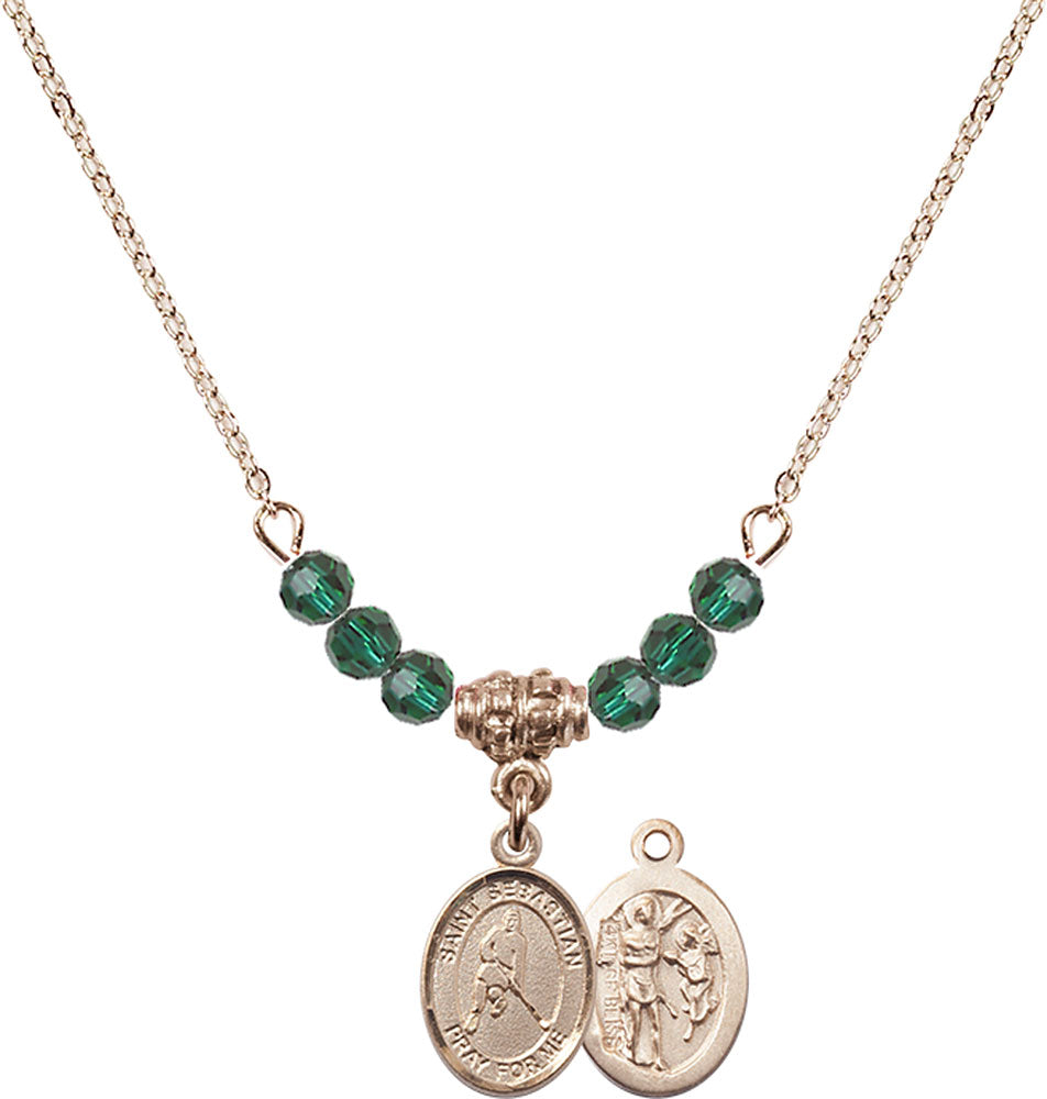 14kt Gold Filled Saint Sebastian/Ice Hockey Birthstone Necklace with Emerald Beads - 9165