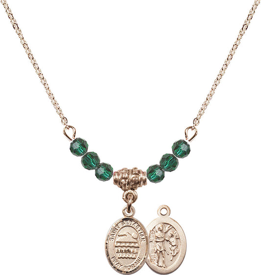 14kt Gold Filled Saint Sebastian/Swimming Birthstone Necklace with Emerald Beads - 9167