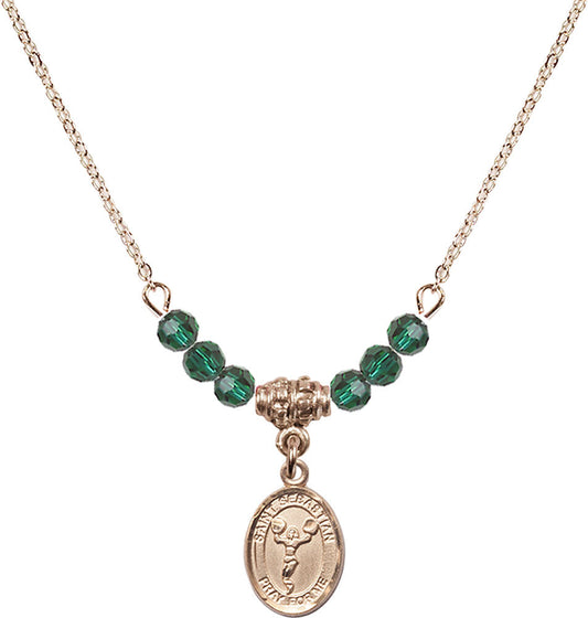 14kt Gold Filled Saint Sebastian/Cheerleading Birthstone Necklace with Emerald Beads - 9170