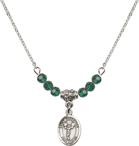 Sterling Silver Saint Sebastian/Cheerleading Birthstone Necklace with Emerald Beads - 9170