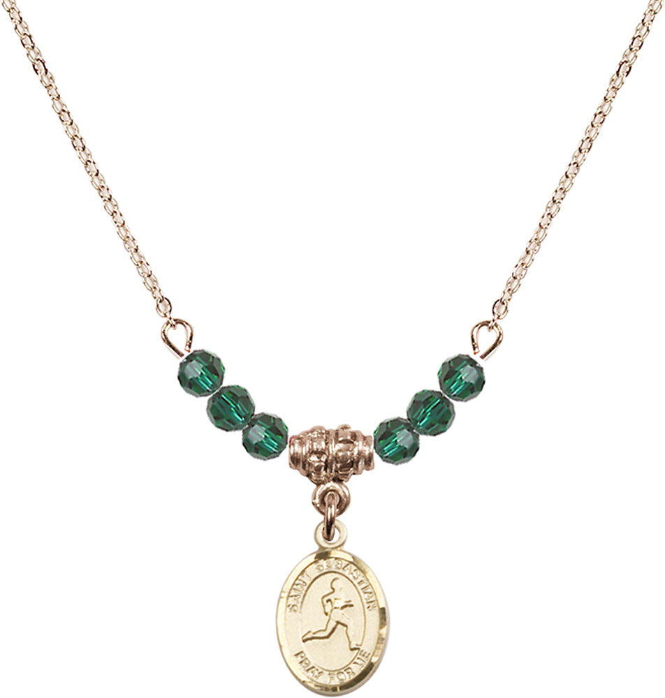 14kt Gold Filled Saint Sebastian/Track & Field Birthstone Necklace with Emerald Beads - 9176