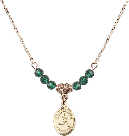 14kt Gold Filled Saint Sebastian/Track & Field Birthstone Necklace with Emerald Beads - 9176