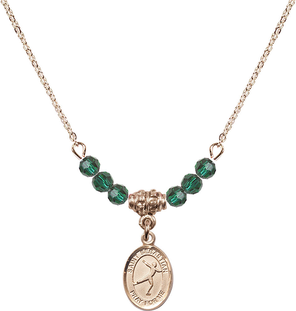 14kt Gold Filled Saint Sebastian/Figure Skating Birthstone Necklace with Emerald Beads - 9177