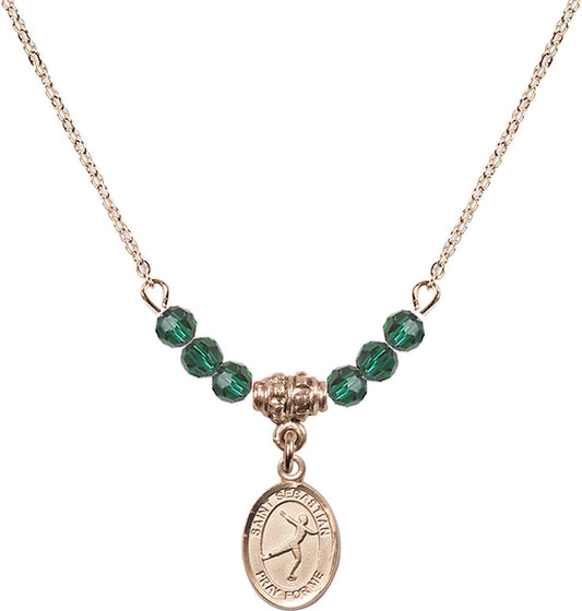 14kt Gold Filled Saint Sebastian/Figure Skating Birthstone Necklace with Emerald Beads - 9177