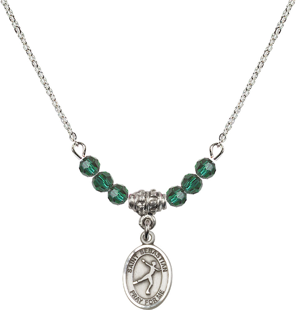 Sterling Silver Saint Sebastian/Figure Skating Birthstone Necklace with Emerald Beads - 9177