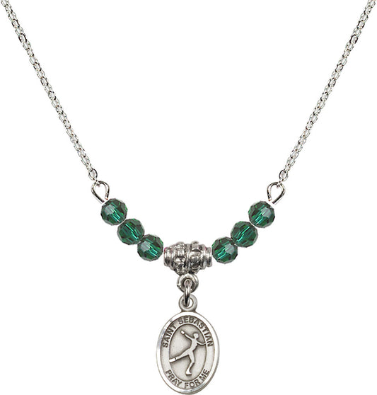 Sterling Silver Saint Sebastian/Figure Skating Birthstone Necklace with Emerald Beads - 9177