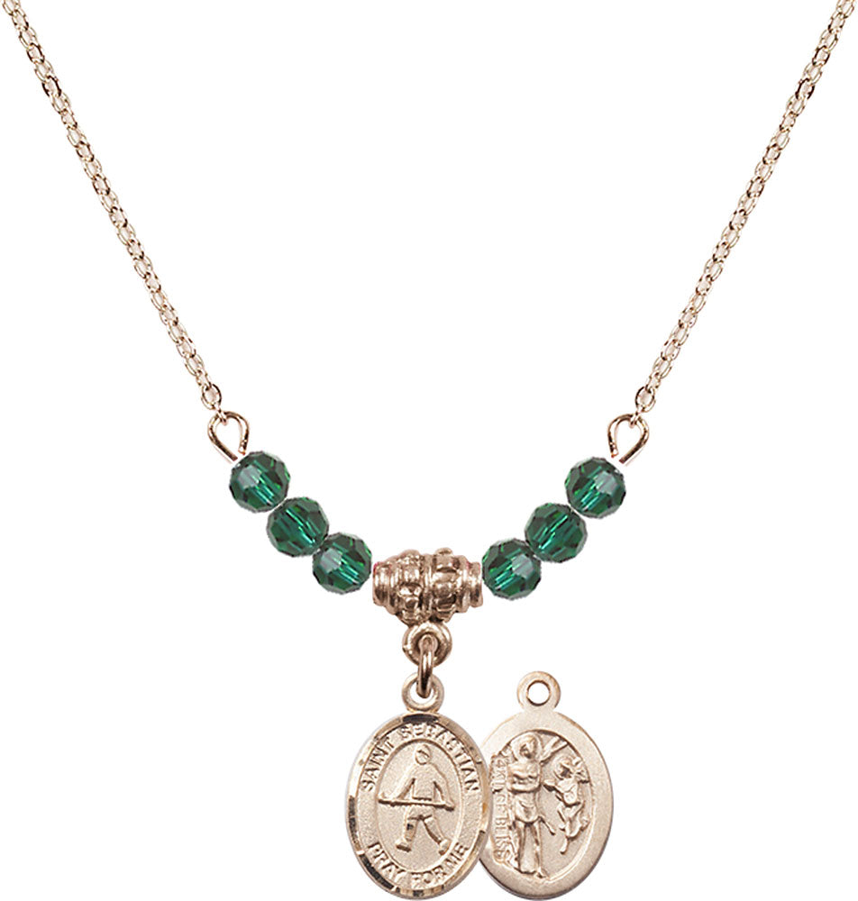 14kt Gold Filled Saint Sebastian/Field Hockey Birthstone Necklace with Emerald Beads - 9178