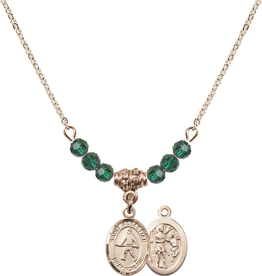 14kt Gold Filled Saint Sebastian/Field Hockey Birthstone Necklace with Emerald Beads - 9178