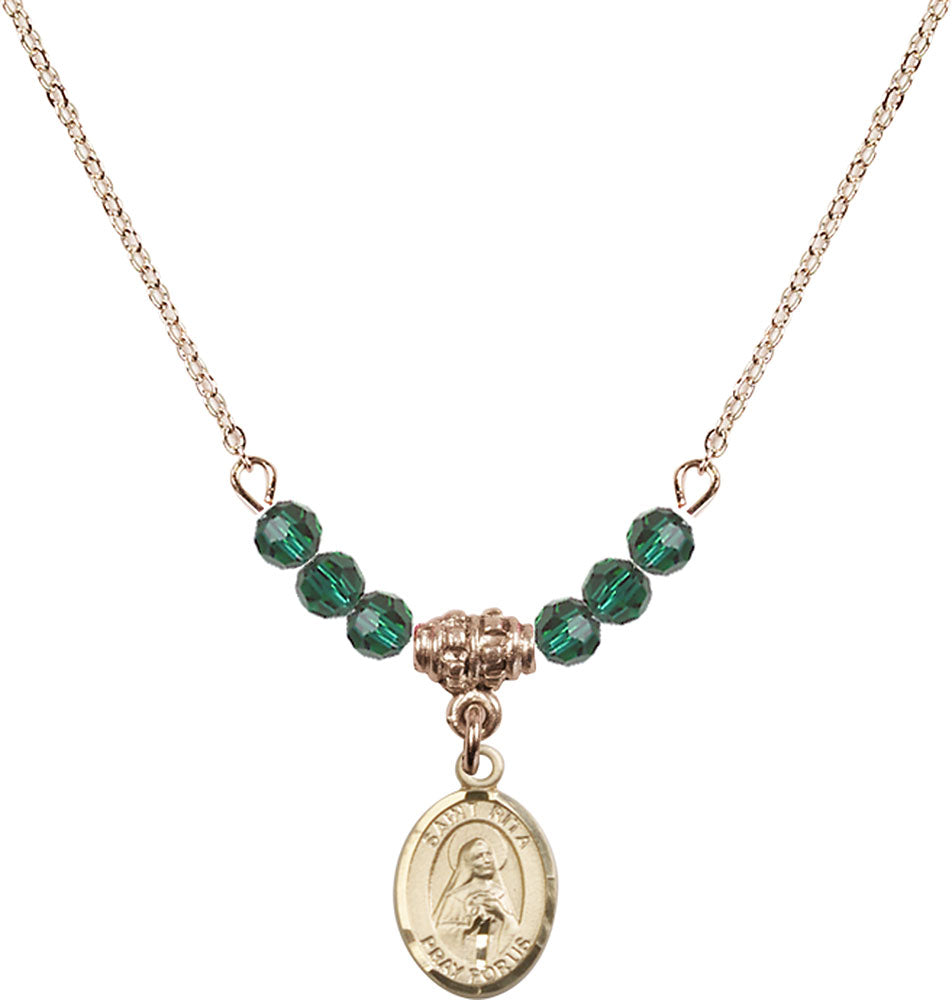 14kt Gold Filled Saint Rita / Baseball Birthstone Necklace with Emerald Beads - 9181