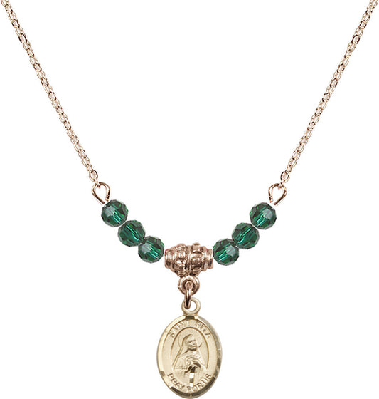 14kt Gold Filled Saint Rita / Baseball Birthstone Necklace with Emerald Beads - 9181