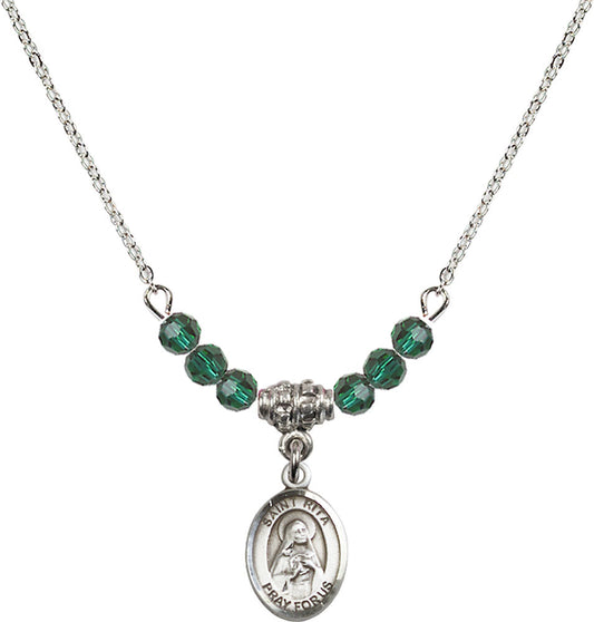 Sterling Silver Saint Rita / Baseball Birthstone Necklace with Emerald Beads - 9181