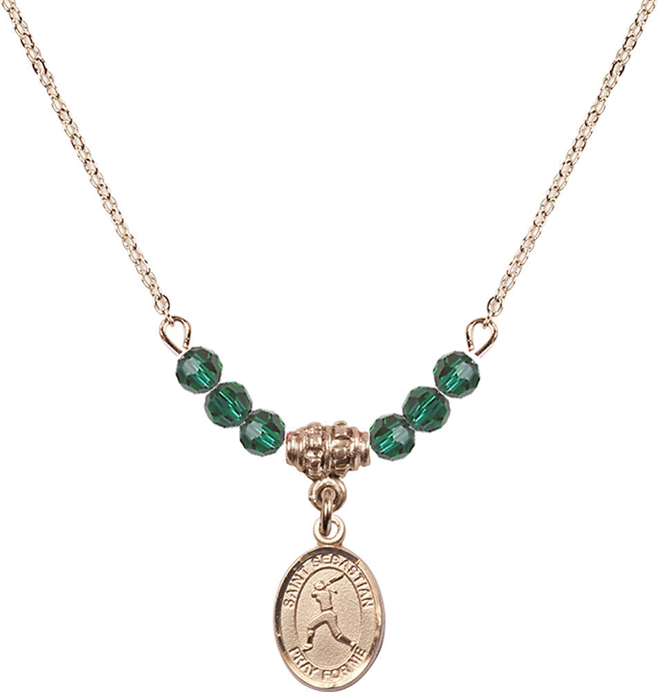 14kt Gold Filled Saint Sebastian/Softball Birthstone Necklace with Emerald Beads - 9183