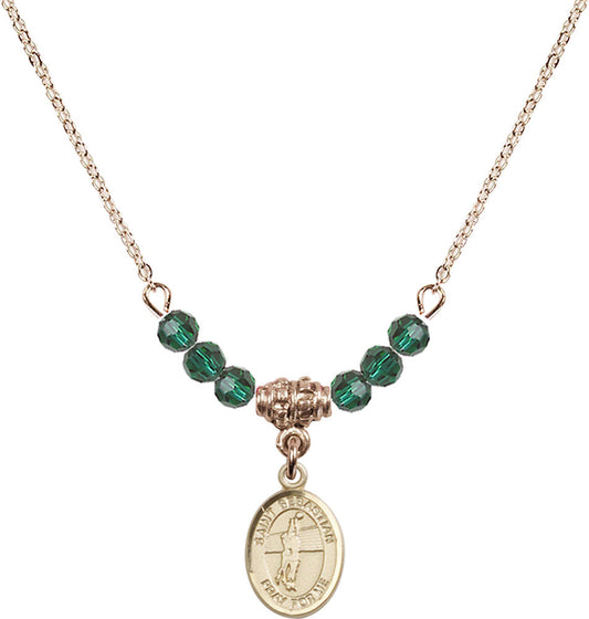 14kt Gold Filled Saint Sebastian / Volleyball Birthstone Necklace with Emerald Beads - 9186
