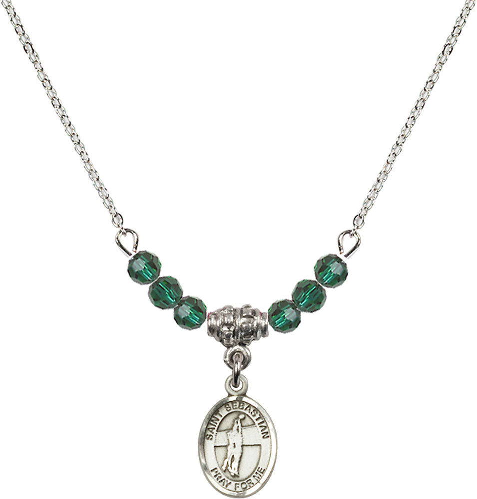 Sterling Silver Saint Sebastian / Volleyball Birthstone Necklace with Emerald Beads - 9186
