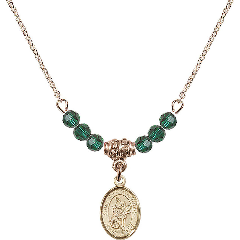 14kt Gold Filled Saint Martin of Tours Birthstone Necklace with Emerald Beads - 9200