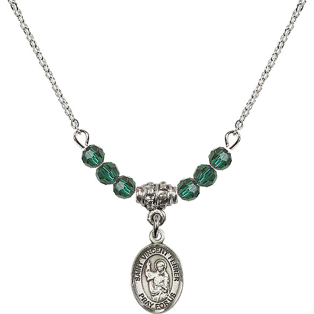 Sterling Silver Saint Vincent Ferrer Birthstone Necklace with Emerald Beads - 9201