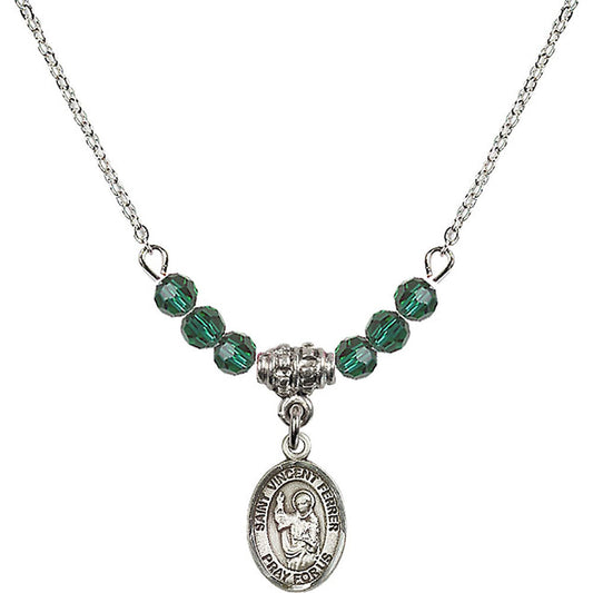 Sterling Silver Saint Vincent Ferrer Birthstone Necklace with Emerald Beads - 9201