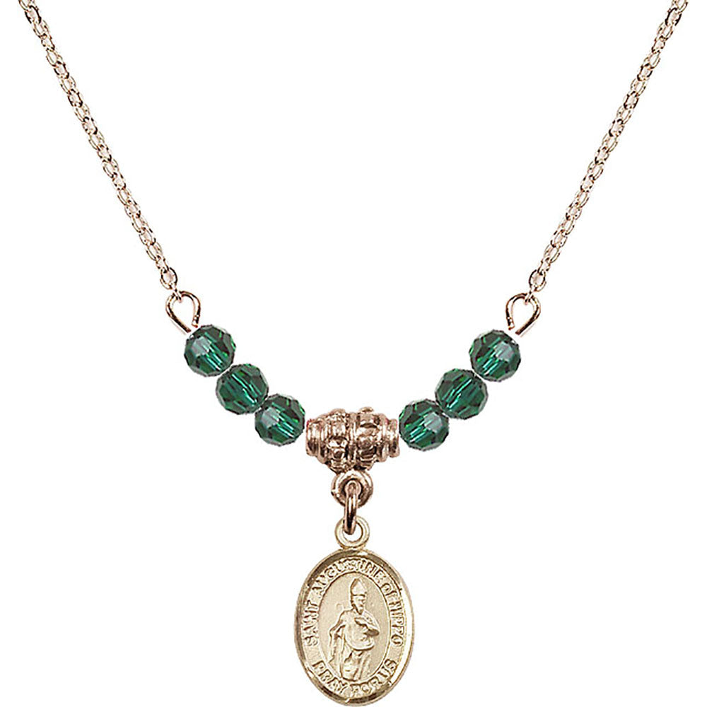 14kt Gold Filled Saint Augustine of Hippo Birthstone Necklace with Emerald Beads - 9202