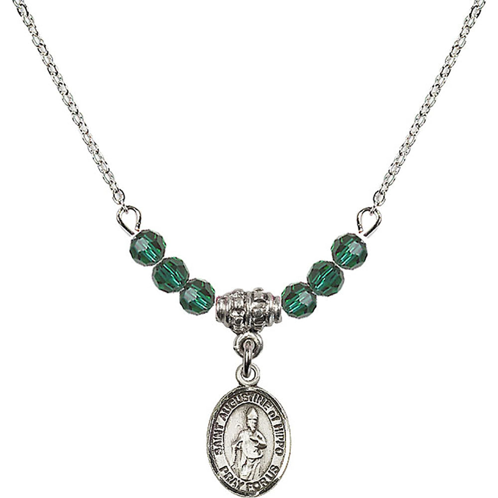 Sterling Silver Saint Augustine of Hippo Birthstone Necklace with Emerald Beads - 9202