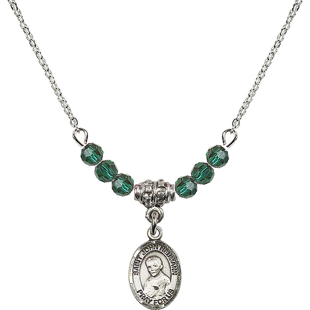 Sterling Silver Saint John Neumann Birthstone Necklace with Emerald Beads - 9204