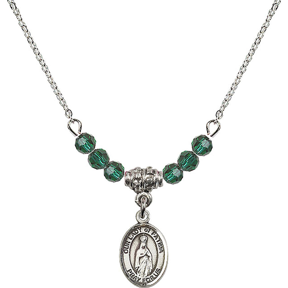 Sterling Silver Our Lady of Fatima Birthstone Necklace with Emerald Beads - 9205