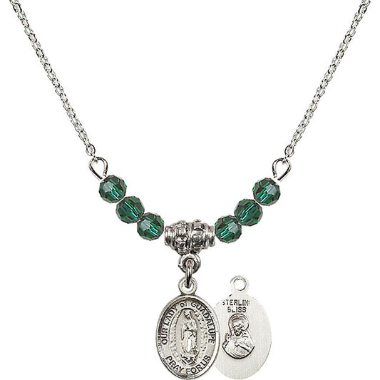 Sterling Silver Our Lady of Guadalupe Birthstone Necklace with Emerald Beads - 9206