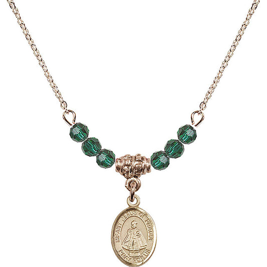 14kt Gold Filled Infant of Prague Birthstone Necklace with Emerald Beads - 9207