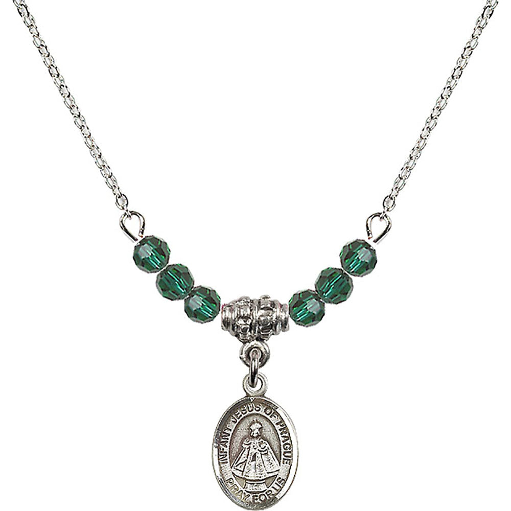 Sterling Silver Infant of Prague Birthstone Necklace with Emerald Beads - 9207