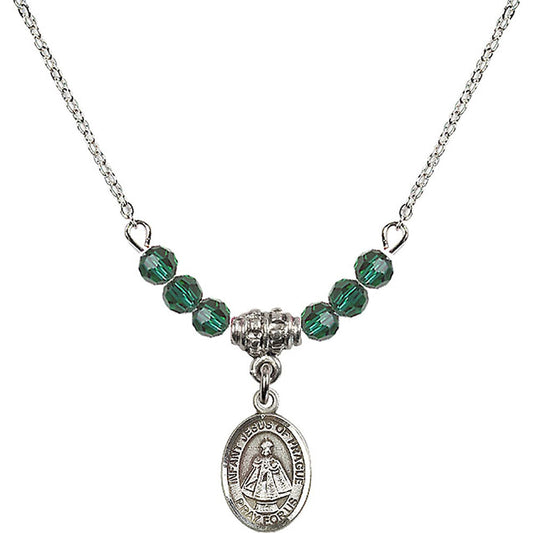 Sterling Silver Infant of Prague Birthstone Necklace with Emerald Beads - 9207