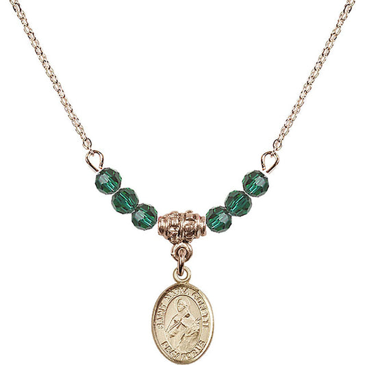 14kt Gold Filled Saint Maria Goretti Birthstone Necklace with Emerald Beads - 9208