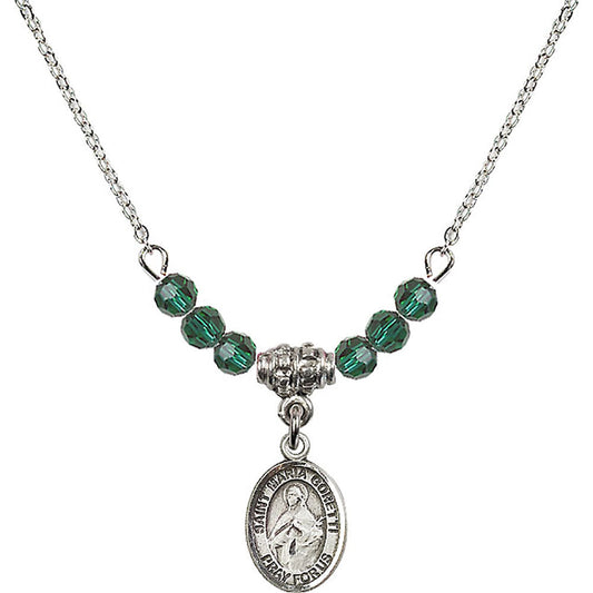 Sterling Silver Saint Maria Goretti Birthstone Necklace with Emerald Beads - 9208