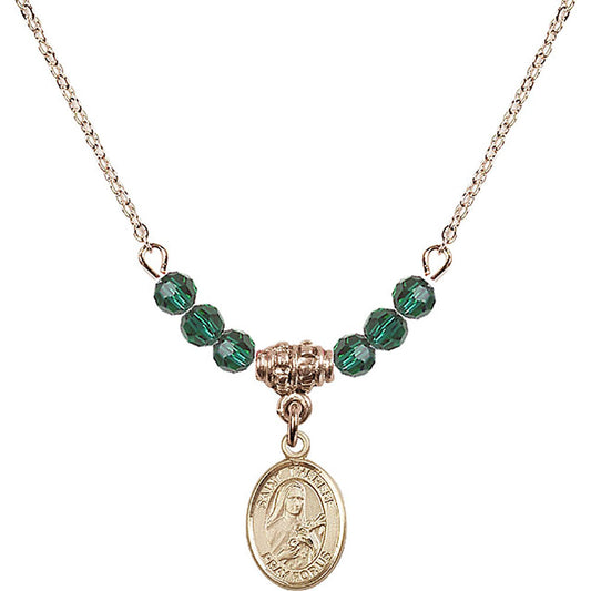 14kt Gold Filled Saint Therese of Lisieux Birthstone Necklace with Emerald Beads - 9210